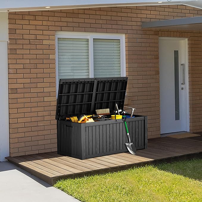 180 Gallon Lockable Resin Deck Box, Waterproof & UV-Resistant Outdoor Storage Box for Outdoor Cushion Storage, Garden Tools & Pool Accessories Storage, Black-Ruum Studio Home