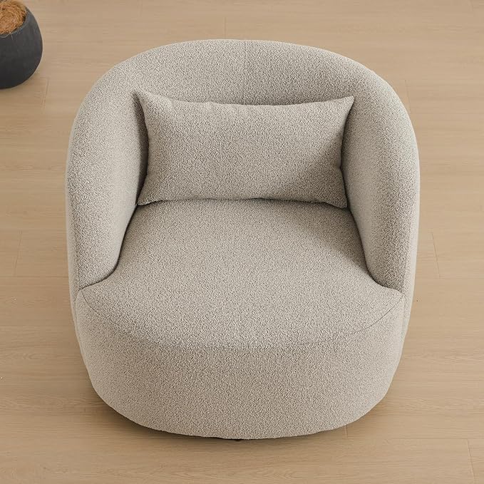 KINWELL 34" Wide Sherpa Swivel Barrel Chair, No Assembly Round Boucle Upholstered Accent Chair Armchair Single Sofa Chair with Toss Pillow for Living Room and Bedroom, Taupe-Ruum Studio Home