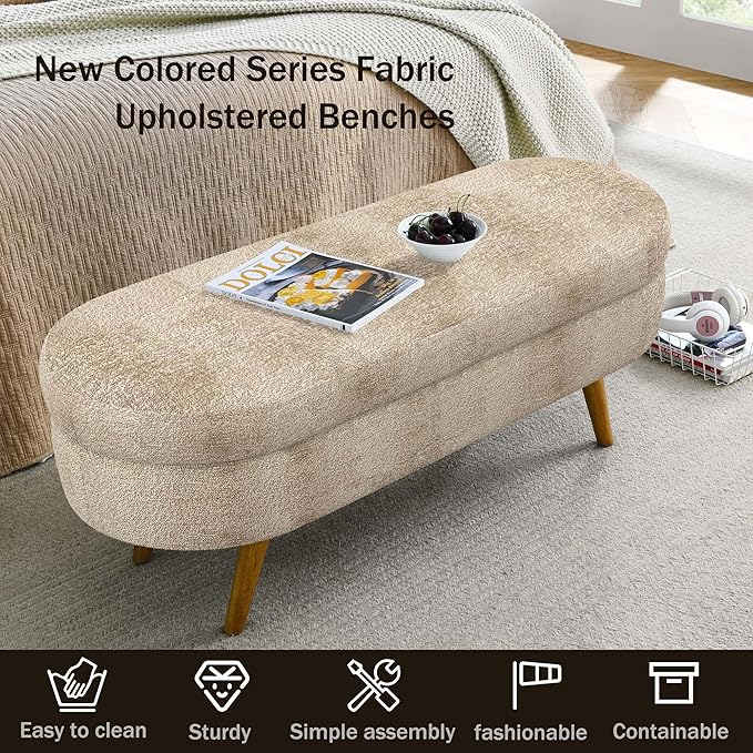 Oval Storage Bench 43.5" Linen Fabric Upholstered Entryway Bench with Solid Wood Legs Ottoman Bench Indoor Bench for Living Room/Bedroom/End of Bed/Entryway (Brown)-Ruum Studio Home