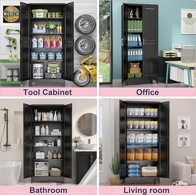 75" Storage Cabinet, Metal Pantry Cabinet, Kitchen Pantry Storage Cabinets with Doors and 4 Shelves, Cabinets for Laundry Room, Living Room, Dinning Room, Assembly Required, Black-Ruum Studio Home