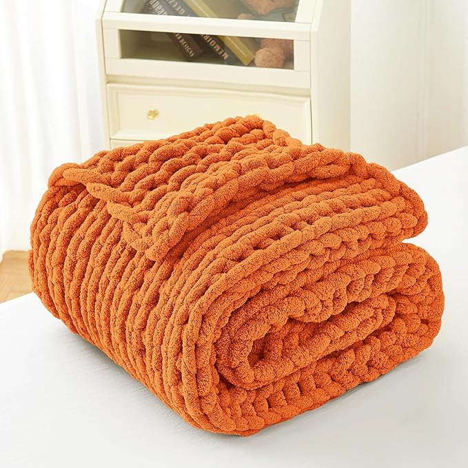 Admitrack Chunky Knit Blanket Throw, 100% Hand Knit Chenille Throw Blanket for Sofa & Home Decor, Soft and Cozy Knitted Throw Blankets (Orange, 51"x63")-Ruum Studio Home
