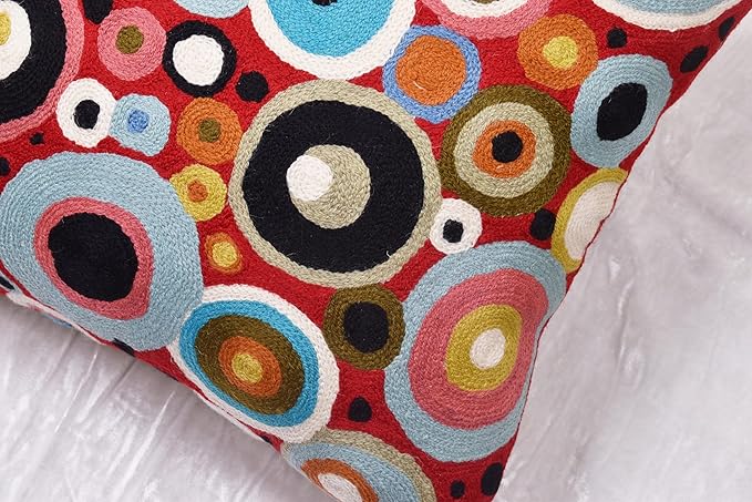 Red Polka Dots Pillow Cover | Reds Contemporary Pillows | Farmhouse Chair Cushion | Modern Outdoor Pillows | Red Throw Chair Pillow | Hand Embroidered Cushions Wool Size - 18x18-Ruum Studio Home