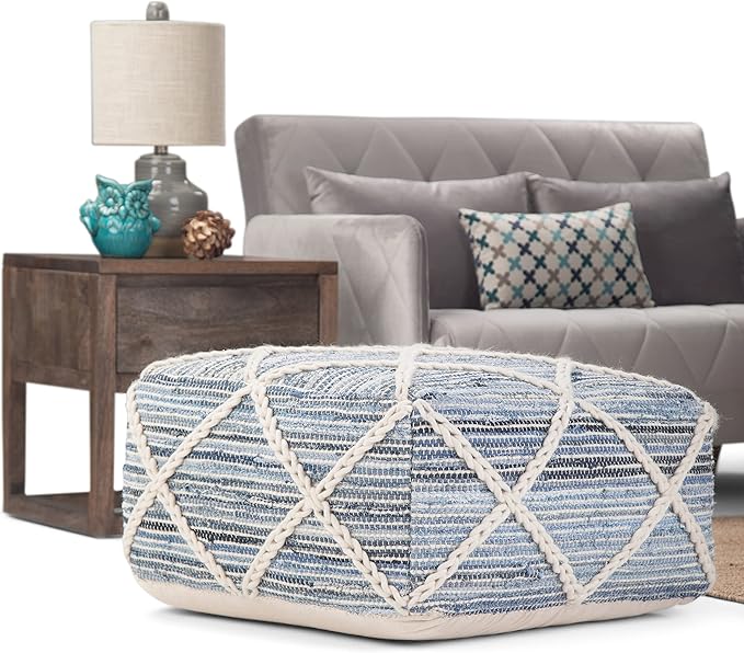 SIMPLIHOME Cowan Boho Square Pouf in Blue, Natural Handloom Woven for the Living Room, Bedroom and Kids Room-Ruum Studio Home