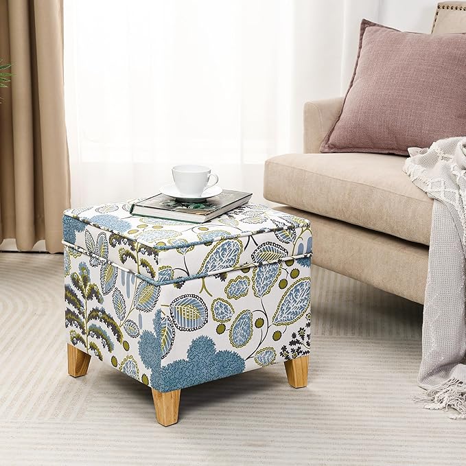 Adeco 18 Inch High Cube Ottoman Storage, Linen Chair Foot Stools, Upholstered Vanity Stool with Hinged Lid, Solid Wood Legs (Blue Leaves)-Ruum Studio Home