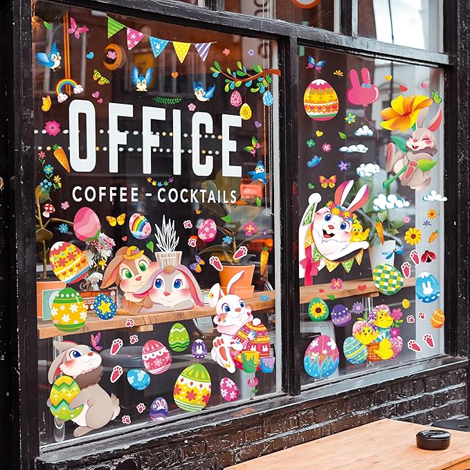Large Easter Window Clings - Bunny Window Stickers Decals for Glass Windows, Cute Easter Egg Double Sided Reusable Window Holiday Decorations, Bird Office Spring Patry Decor, 9Sheet/121PCS-Ruum Studio Home