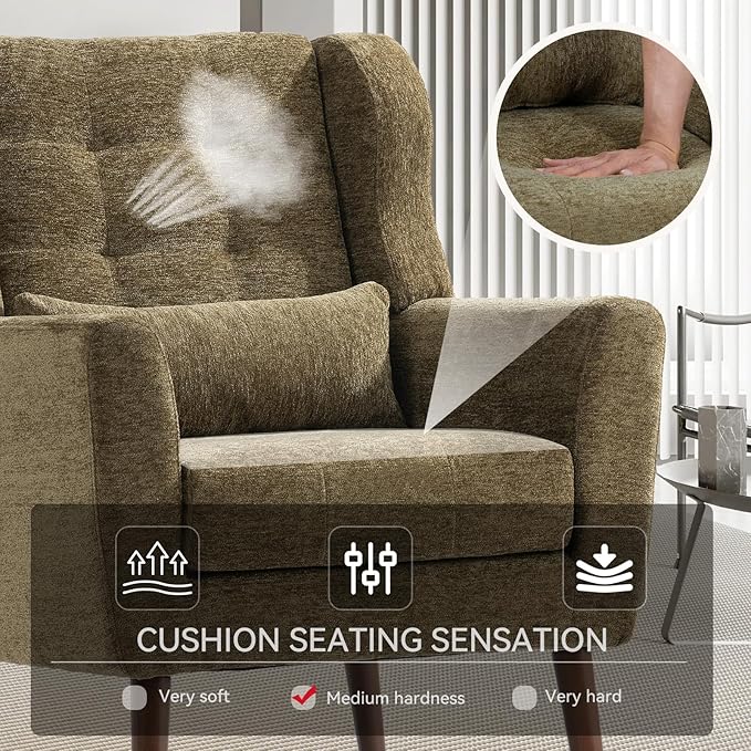 Modern Accent Chair, Upholstered Armchair with Pillow, Fabric Single Sofa Chair with Lounge Seat and Wood Legs Accent Chair for Living Room Bedroom Small Spaces (Avocado, Set of 1)-Ruum Studio Home