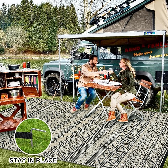 GAOMON Outdoor Rug 9'x12' Waterproof Rug for Patio Decor, Foldable Reversible Plastic Straw Area Rugs Mat for Camper, Outside Carpet for Deck, Porch, Picnic, Beach, Black/Coffee(Bohemia)-Ruum Studio Home