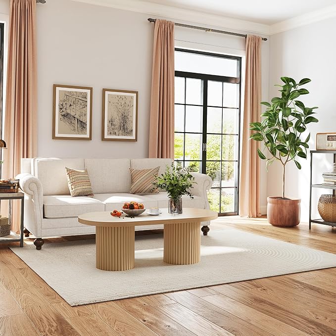 Oval Fluted Coffee Table, Farmhouse Wood Coffee Table Mid Century Modern Center Table Boho Living Room Tables for Living Room Office (Natural, 19.69" D x 39.38" W x 13.78" H)-Ruum Studio Home