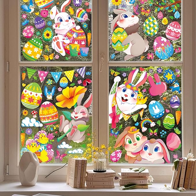 Large Easter Window Clings - Bunny Window Stickers Decals for Glass Windows, Cute Easter Egg Double Sided Reusable Window Holiday Decorations, Bird Office Spring Patry Decor, 9Sheet/121PCS-Ruum Studio Home