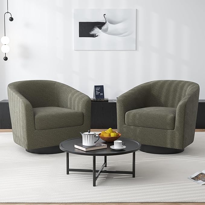 Swivel Barrel Accent Chair, Modern Round Chenille Fabric Arm Chair for Living Room, Bedroom, Comfy Club Reading Chairs for Adults（Chenille Fabric, Tan, Set of 2-Ruum Studio Home