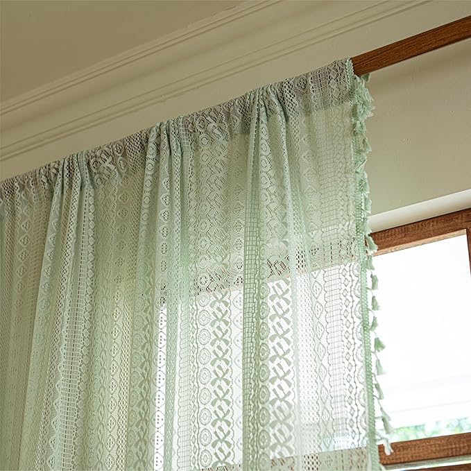 Sutuo Home Mint Green Boho Curtains for Bedroom Living Room, Crochet Lace Bohemian Hollow Knitted Handmade Tassels Window Treatment Vintage Rustic Rod Pocket Farmhouse Drapes, 1 Panel 59" W x 84" L-Ruum Studio Home