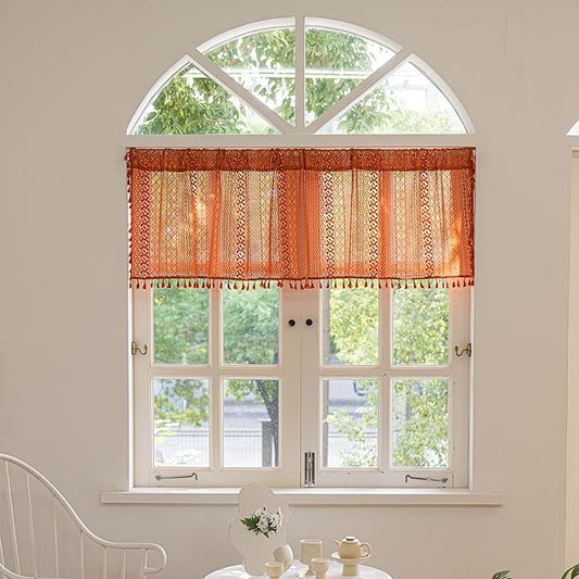 Sutuo Home Boho Valance Short Curtains for Kitchen Crochet Lace Sheer Bohemian Hollow Knitted with Tassels, Privacy Vintage Rustic Farmhouse Drapes, Rod Pocket 1 Panel 59" W x 18" L, Orange