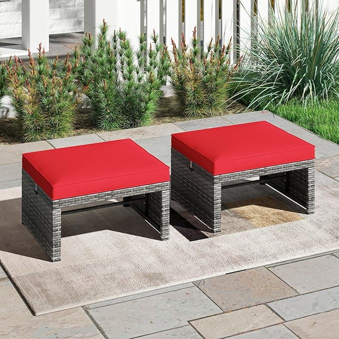 Tangkula 2 Pieces Patio PE Rattan Ottomans, Multipurpose Outdoor Footstool Footrest Additional Seating Side Table with Soft Zippered Cushions for Deck, Garden, and Yard (Red)-Ruum Studio Home