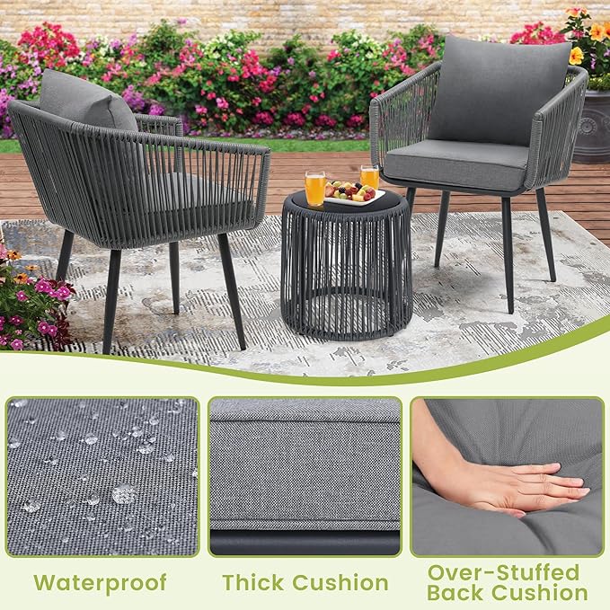 Kromax 3 Pieces Patio Rattan Bistro Conversation Set, Outdoor All-Weather Wicker Furniture Chairs and Side Table Set Ideal for Balcony, Porch and Backyard, Grey-Ruum Studio Home