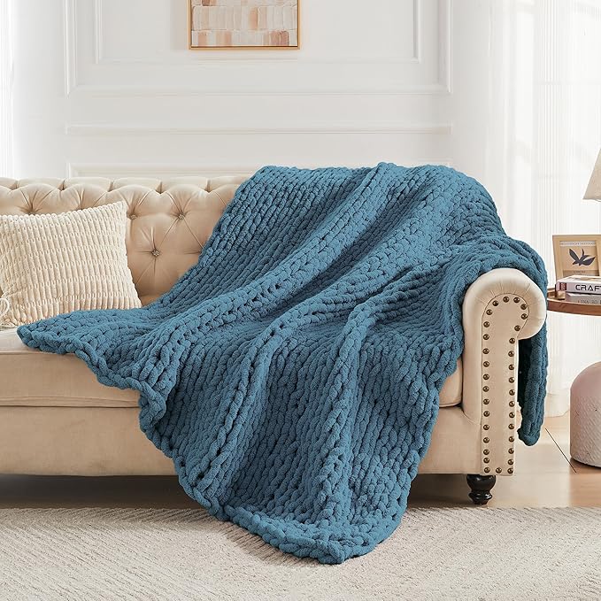 Carriediosa Chunky Knit Throw Blanket 50" X 60", 100% Hand Made Large Chenille Loop Yarn Soft Fluffy Throws for Couch Sofa Bed, Big Crochet Cozy Heavy Thick Cable Woven Blankets, Lyons Blue-Ruum Studio Home