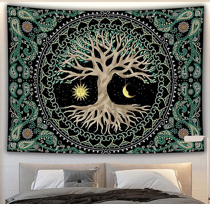 FORATER Tree of Life Wall Hanging - Aesthetic Sun and Moon Tapestry with Vintage Paisley Flowers (53 x 61 inches, Multicolor) for Bedroom, Living Room, Dorm-Ruum Studio Home