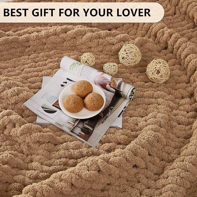 L'AGRATY Chunky Knit Blanket Throw: 60''x80'' Chenille Chunky Knitted Throw Blanket for Bed Couch - Handmade Thick Big Cable Knit Blanket - Large Crochet Rope Blanket for Home Decor(Tan)-Ruum Studio Home