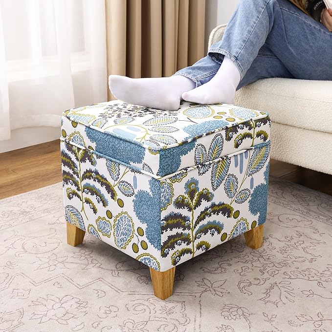 Adeco 18 Inch High Cube Ottoman Storage, Linen Chair Foot Stools, Upholstered Vanity Stool with Hinged Lid, Solid Wood Legs (Blue Leaves)-Ruum Studio Home
