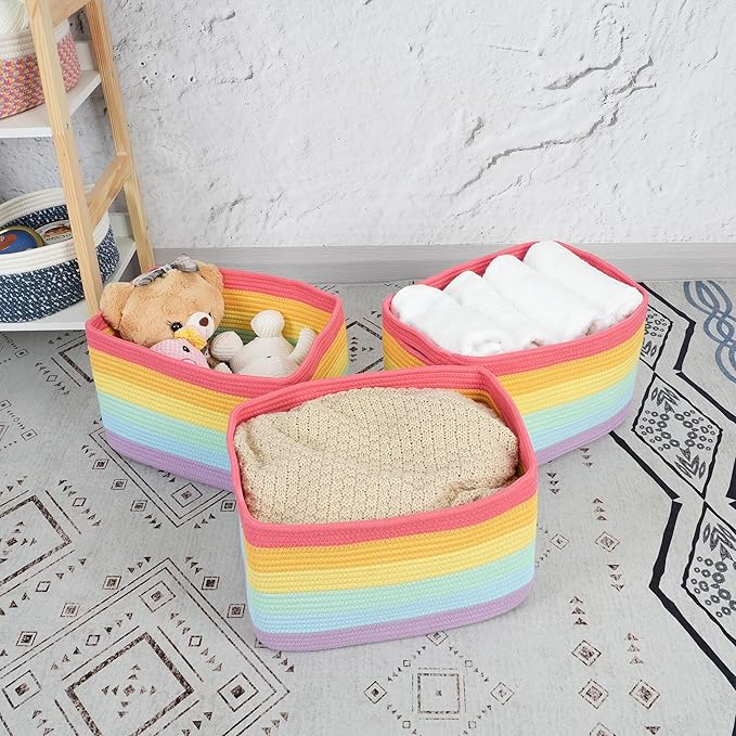 3-Pack Rainbow Storage Baskets 14.5X9.5X9.3“ – Woven Toy Organizer Bins for Kids, Baby Room, Nursery, and Classroom – Cute Square Rope Baskets for Shelves and Organization Rainbow-Ruum Studio Home