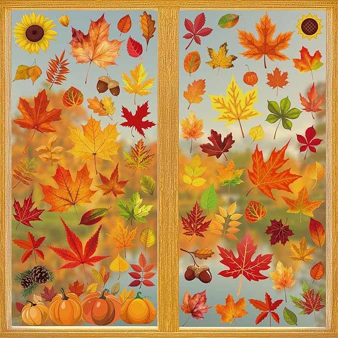 9 Sheets Fall Decorations, 274 PCS Fall Window Clings, Double Sided Autumn Stickers with Maple Leaves Pumpkin Nuts, Autumn Window Clings for Party Thanksgiving Decor Indoor Outdoor Accessories-Ruum Studio Home