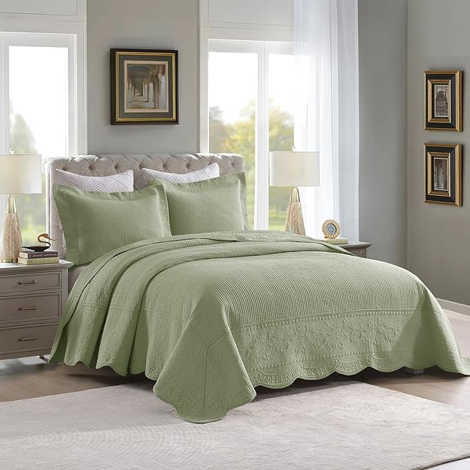 MarCielo 3-Piece 100% Cotton Oversized Bedspread Lightweight Quilt Coverlet Embroidery Farmhouse Bedding Set (TG Pale Green, Oversized Queen (100"x106"))-Ruum Studio Home