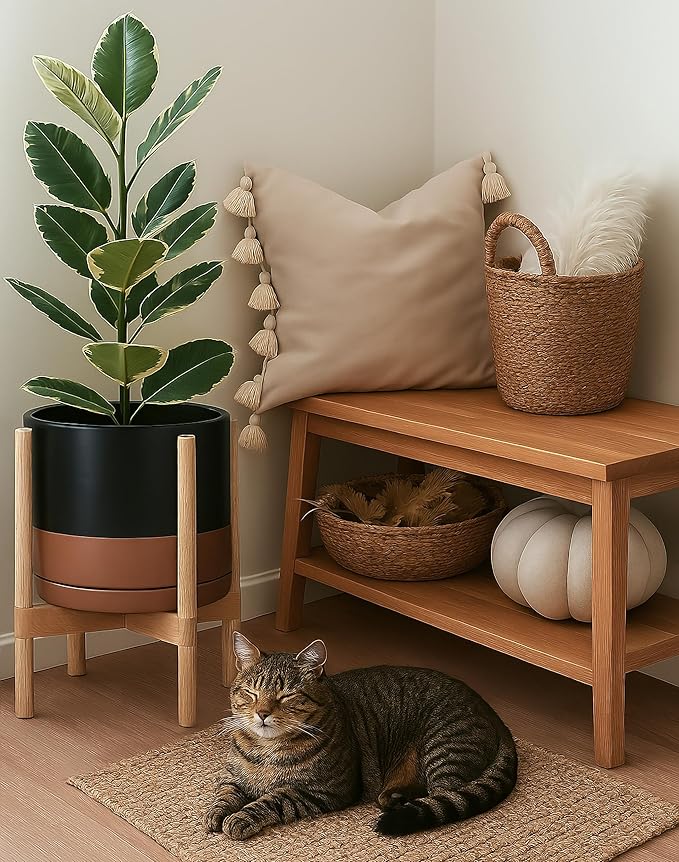D'vine Dev Ceramic Planter with Natural Stand - 12 Inch Modern Round Flower Pot with Wood Planter Holder, Black/Speckled Tan, 55-B-J-7-Ruum Studio Home