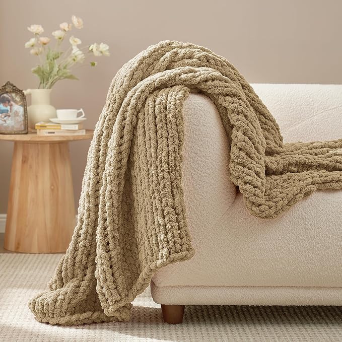Amélie Home Chunky Knit Throw Blanket for Couch, Soft Chenille Crochet Blanket for Sofa, 50"x60", Beige-Ruum Studio Home