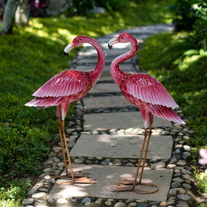 Kircust Flamingo Garden Sculpture & Statues, Metal Birds Yard Art Outdoor Statue, Large Pink Flamingo Lawn Ornaments for Home, Patio, Backyard Decor (2-Pack)-Ruum Studio Home