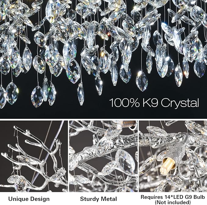 Modern Crystal Chandeliers for Dining Room, 40" Round Silver Tree Branches Chandeliers, Large Dining Room Over Table Chandeliers Lights Fixture, Branches and Crystals Ceiling Light Fixtures-Ruum Studio Home