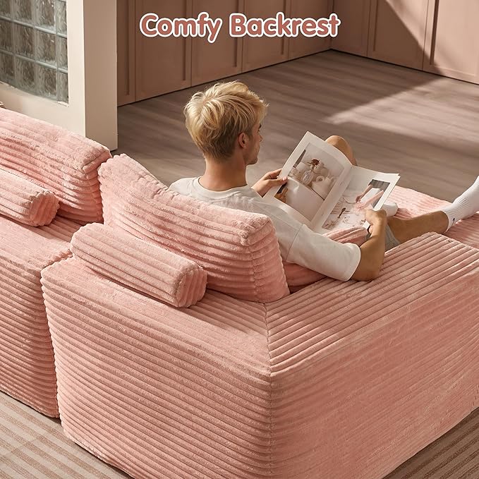 ovios 104" Cloud Sectional Couch with L-Shape Chaise,Modern Modular Sofa with Deep Seat, Upholstered Couches for Living Room Bedroom,No Assembly Required, Pink (Plush Corduroy Fabric)-Ruum Studio Home
