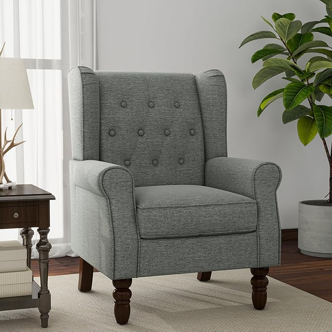 Lumibee High Back Accent Chair,Upholstered Wingback Armchair with Solid Wood Legs for Small Spaces,Comfy Single Sofa Chair for Living Room,Bedroom,Office-Gray-Ruum Studio Home