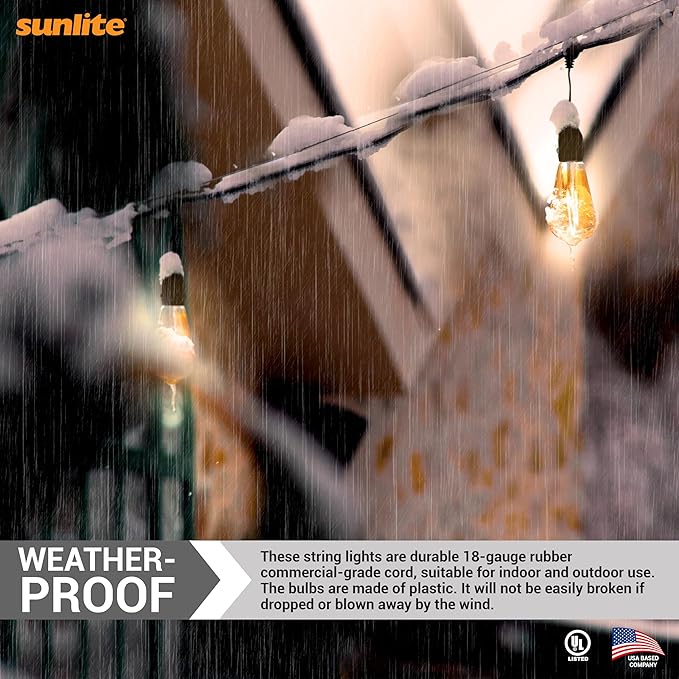 Sunlite 48ft Outdoor String Lights, 1.5W Commercial Grade, Waterproof, Linkable Strands, UL Listed, 15 Hanging Sockets, Shatterproof LED Edison Bulbs Included, 2700K Soft White-Ruum Studio Home