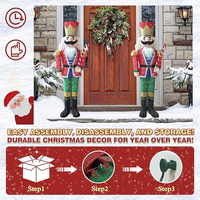 5FT Lighted Nutcracker with Candy Cane for Christmas Decoration, 3D Pre-Lit Iridescent Soldier Xmas Decor with 100 Warm White Lights, Glittered Standing Holiday Display for Outdoor, Indoor-Ruum Studio Home