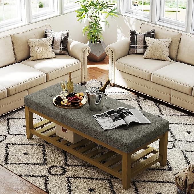Large Rectangular Upholstered Ottoman Bench, Linen Tufted Footrest Ottoman with Solid Wood Shelf Storage Coffee Table for Bedroom Living Room, Granite-Ruum Studio Home