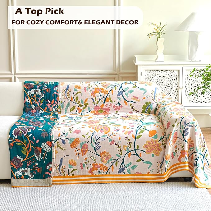 Boho Throw Blanket, 100% Organic Cotton Breathable Ultra Soft 80" x 90" Bed Quilt Throw - All Season Floral Rustic Farmhouse Decor Luxury Reversible Blanket for Sofa Couch Chair and Gift-Ruum Studio Home