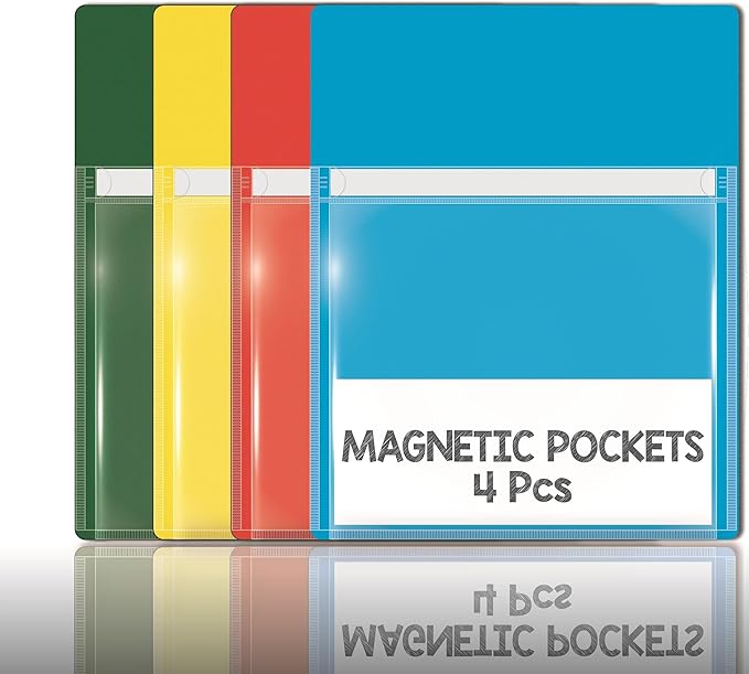 Magnetic Pocket 4 Pack – Self-Adhesive Magnetic Storage Pouch for Documents, Notes & Tools, Strong Magnet Backing for Fridge, Whiteboards, and Metal Surfaces (Assorted Colors 4Pcs)-Ruum Studio Home