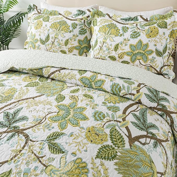 NEWLAKE Cotton Bedspread Quilt Sets - Reversible Patchwork Coverlet Set, Floral Vine Pattern, Queen Size-Ruum Studio Home
