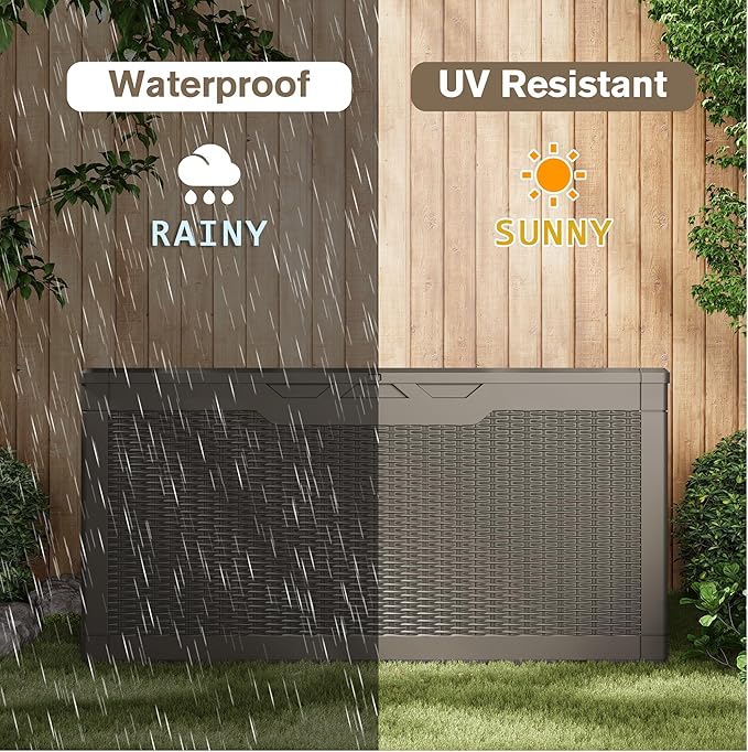 JUMMICO 100 Gallon Resin Deck Box, Waterproof Outdoor Storage Box with Lockable Lid for Garden Tools, Patio Cushions (Light Brown)-Ruum Studio Home