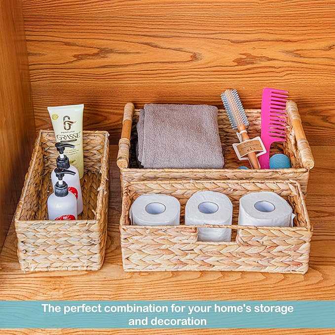 VATIMA Large Water Hyacinth Storage Baskets for Organizing with Wooden Handles for Shelves, 2 Bathroom Small Basket, Water Hyacinth Toilet Paper Baskets, Set of Natural Wicker Storage Basket for Home-Ruum Studio Home