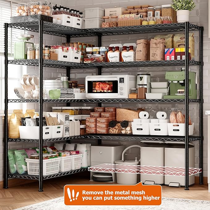 REIBII 1600LBS Storage Shelves Metal Shelving 5 Tier Wire Shelving Unit, 69.8" W Pantry Shelves Kitchen Shelves Adjustable Wire Shelf for Garage Storage Shelves, 69.8" Wx15.8 Dx72.4 H, Black-Ruum Studio Home