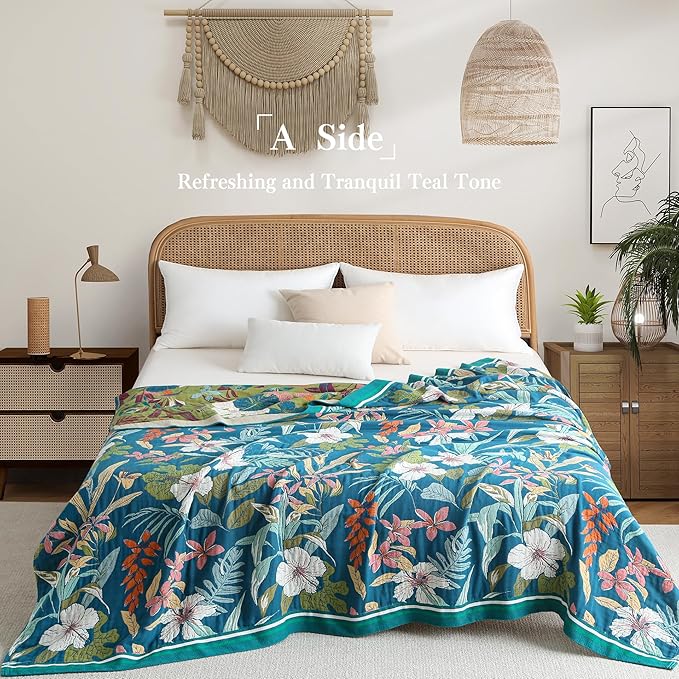 Boho Throw Blanket Full Size, Extra Large Soft Cozy Cotton Muslin Quilt Blanket for Bed Decor, Floral Patterned Couch Sofa Chair Cover, Vintage Farmhouse Cottage Woven Blanket, Teal&Green-Ruum Studio Home