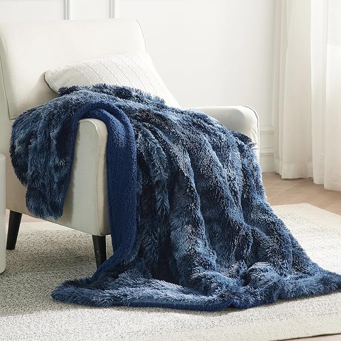 Bedsure GentleSoft Fluffy Navy Blue Throw Blanket, Tie Dye Blue Decor Navy Gifts for Men, Soft Cozy Fuzzy Plush Minky Thick Warm Sherpa Fleece Faux Fur Blanket for Couch, Blanket Gifts for Him, 50x60-Ruum Studio Home