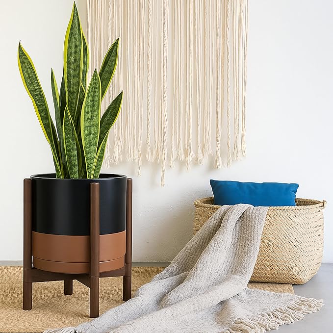 D'vine Dev Ceramic Planter with Walnut Color Stand - 12 Inch Modern Round Flower Pot with Wood Planter Holder, Black/Speckled Tan, 55-B-W-7-Ruum Studio Home