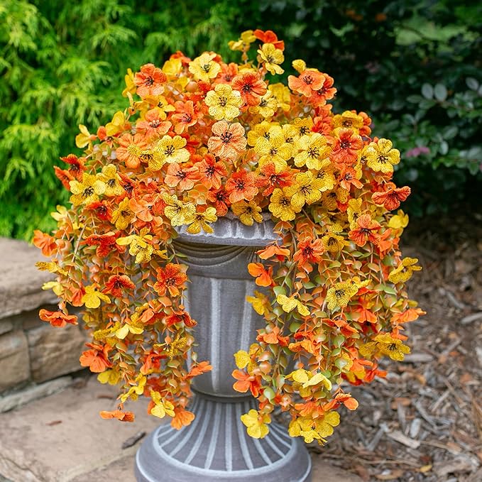 INSPRING Artificial Fall Flowers for Outdoors Decoration, 2Pcs Fake Fall Light Orange & Yellow Hanging Flowers, Faux Autumn Decor for Porch Patio Balcony Planter, Realistic Arrangement-Ruum Studio Home