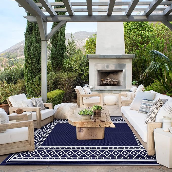 GENIMO Outdoor Rug Waterproof for Patio Decor, 5'x8' Reversible Plastic Straw Rug Carpet, Camping Mats for Outdoor, RV, Backyard, Deck, Balcony, Picnic, Blue & White-Ruum Studio Home