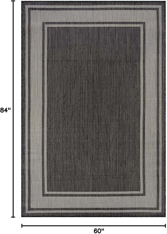 Beverly Rug Outdoor Rug 5x7 Modern Bordered Area Rugs for Indoor and Outdoor Patio Deck Porch Garden Waterproof Weather Sun Resistant Washable Outside Carpet (5 x 7 Dark Gray)-Ruum Studio Home