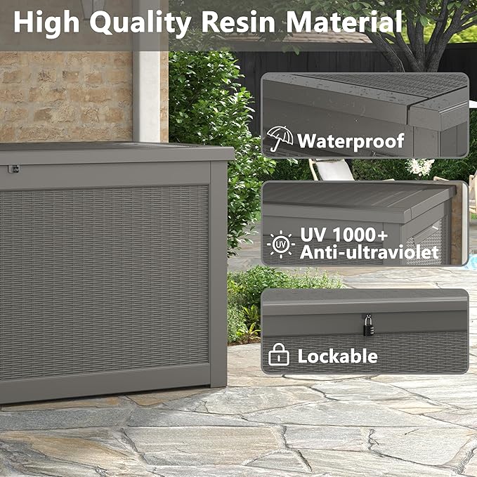 260 Gallon Resin Deck Box, Large Indoor and Outdoor Storage Box, Weatherproof and UV Resistant Outdoor Storage Box with Built-in Steel Beams for Patio Cushions, Pool Supplies-Ruum Studio Home