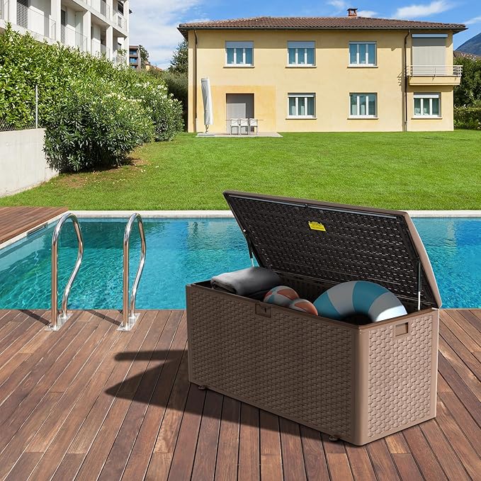 Premium Pro Edition 180 Gallon Lockable Resin Deck Box, Waterproof & UV-Resistant Outdoor Storage Box for Outdoor Cushion Storage, Garden Tools & Pool Accessories Storage, Brown-Ruum Studio Home