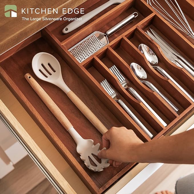 Premium Silverware, Flatware and Utensil Organizer for Kitchen Drawers, Food-Safe Contract Grade, Expandable from 16 to 28 In, Natural Acacia-Ruum Studio Home