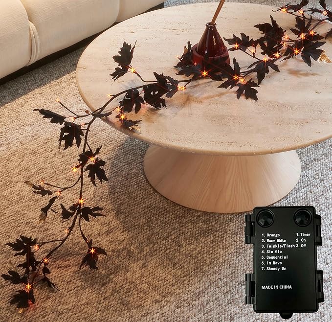 Birchlitland Halloween Black Maple Garland with Lights Timer 48 LED Orange and Warm White Fairy Lights, Battery Operated for Indoor and Outdoor Halloween Party Decoration-Ruum Studio Home
